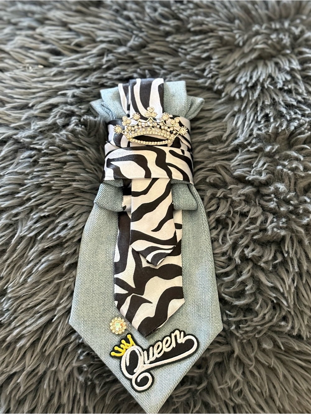 Denim and Zebra Print necktie necklace with 'Queen' Patch